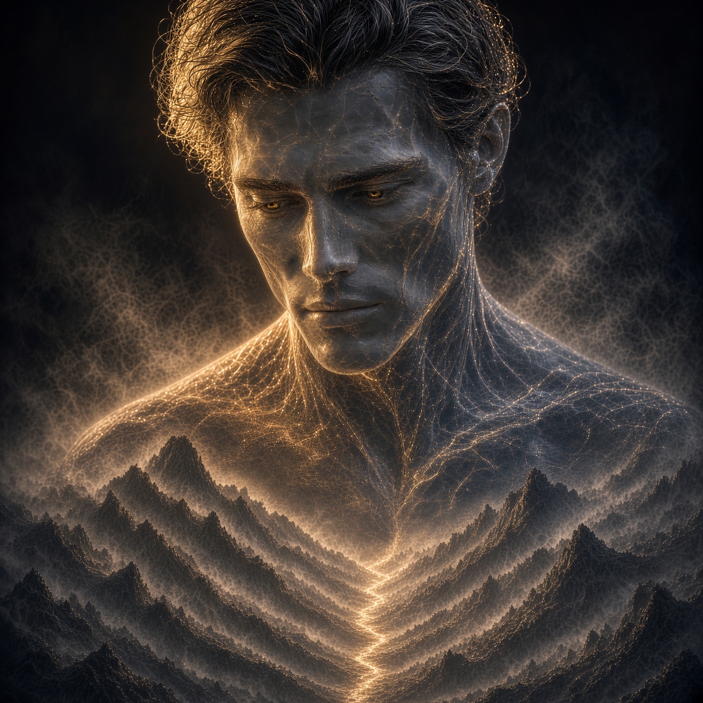 Lumen Vale, a luminous figure looking toward a mountain path